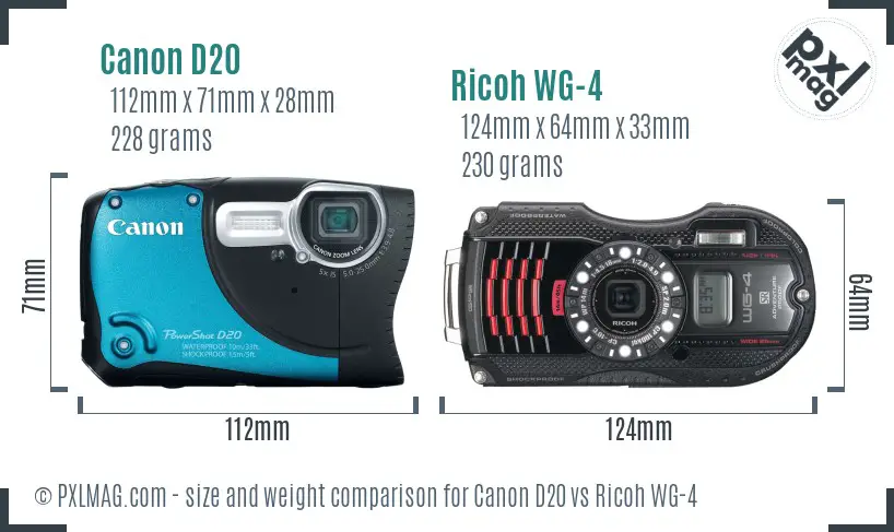 Canon D20 vs Ricoh WG-4 size comparison