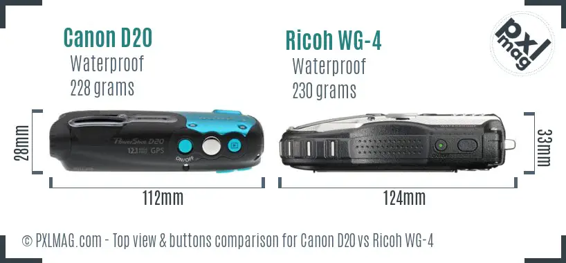 Canon D20 vs Ricoh WG-4 top view buttons comparison