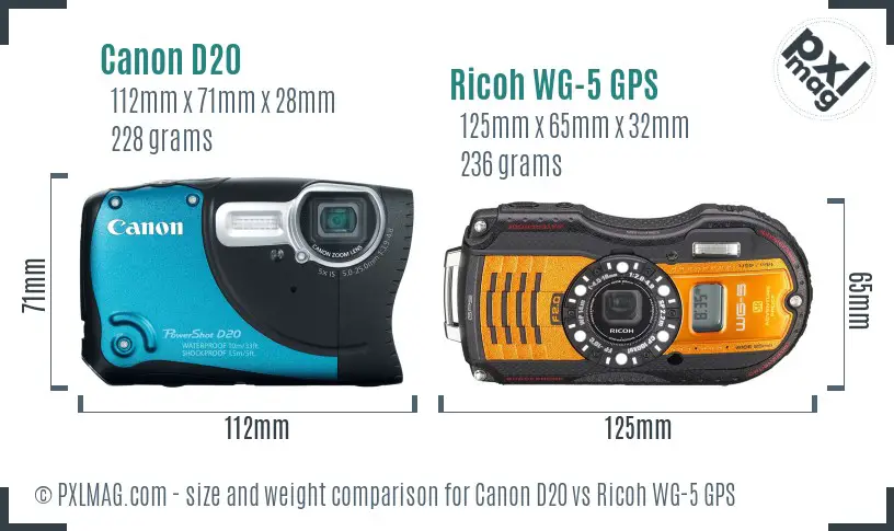 Canon D20 vs Ricoh WG-5 GPS size comparison