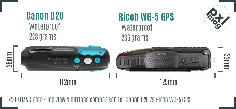 Canon D20 vs Ricoh WG-5 GPS top view buttons comparison