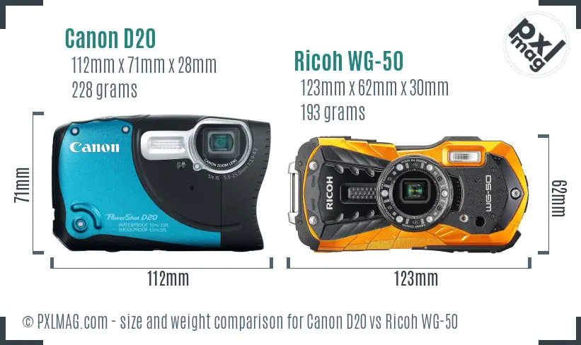 Canon D20 vs Ricoh WG-50 size comparison