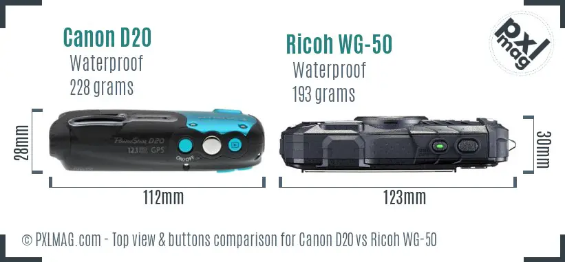 Canon D20 vs Ricoh WG-50 top view buttons comparison