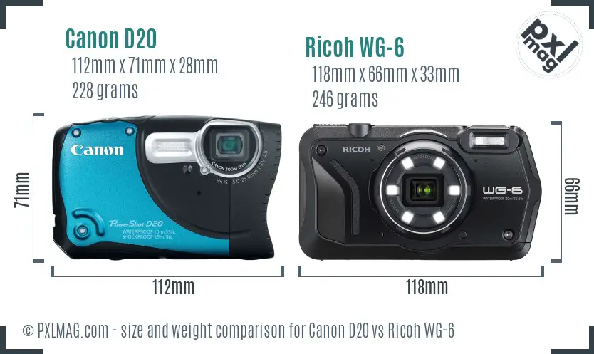 Canon D20 vs Ricoh WG-6 size comparison