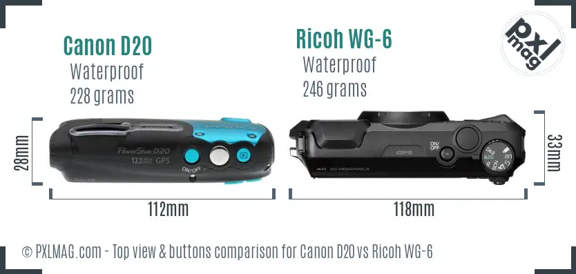 Canon D20 vs Ricoh WG-6 top view buttons comparison