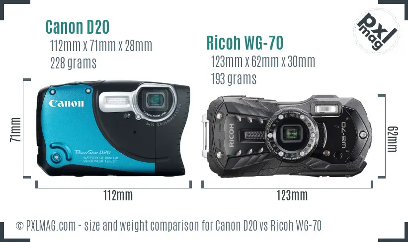 Canon D20 vs Ricoh WG-70 size comparison