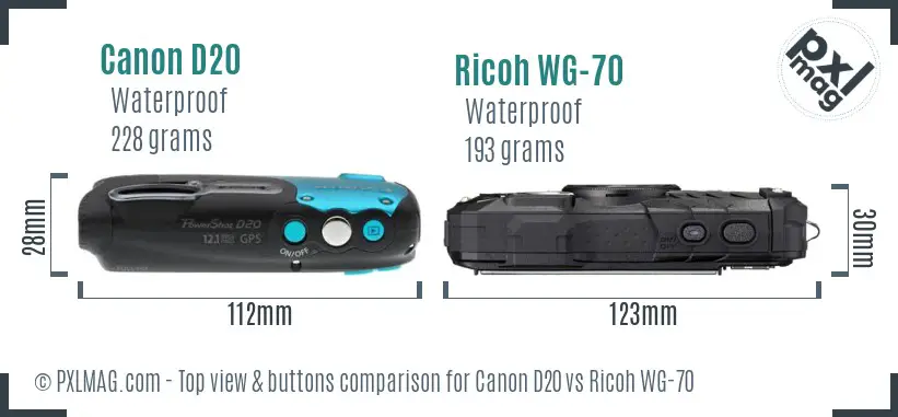Canon D20 vs Ricoh WG-70 top view buttons comparison