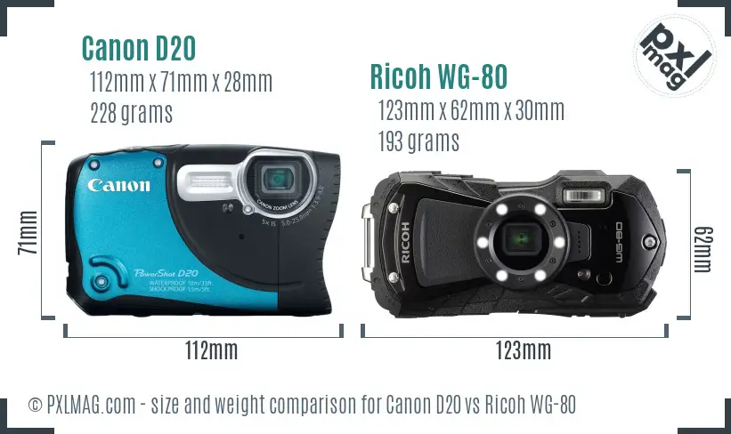 Canon D20 vs Ricoh WG-80 size comparison