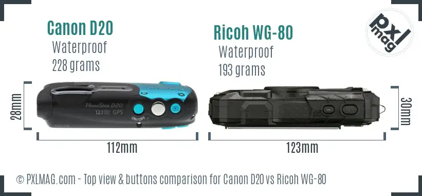 Canon D20 vs Ricoh WG-80 top view buttons comparison