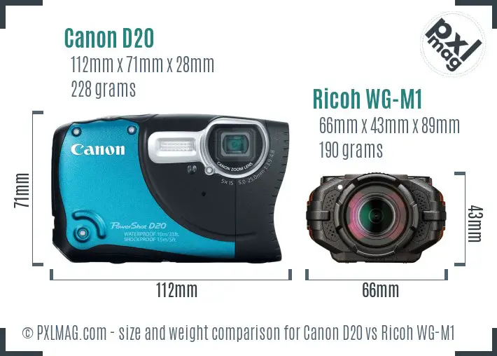 Canon D20 vs Ricoh WG-M1 size comparison