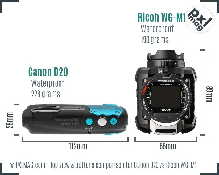 Canon D20 vs Ricoh WG-M1 top view buttons comparison