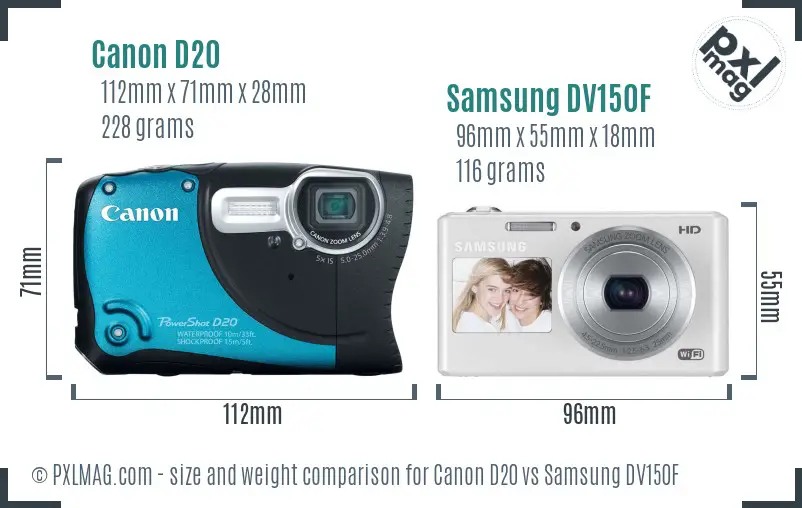 Canon D20 vs Samsung DV150F size comparison