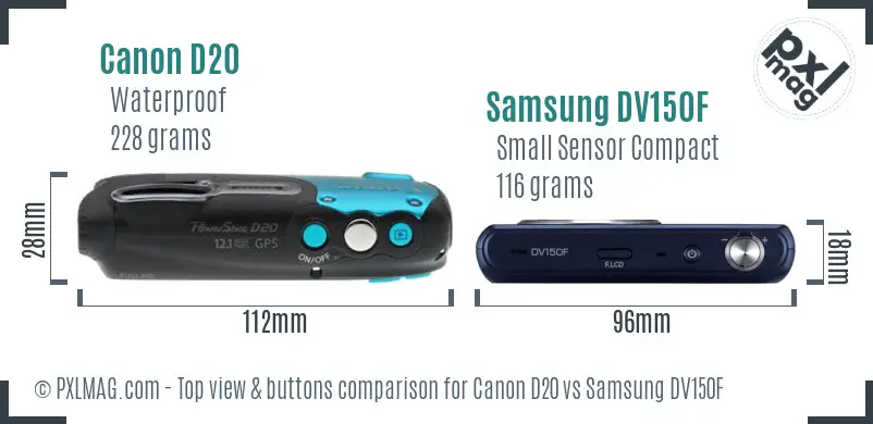 Canon D20 vs Samsung DV150F top view buttons comparison