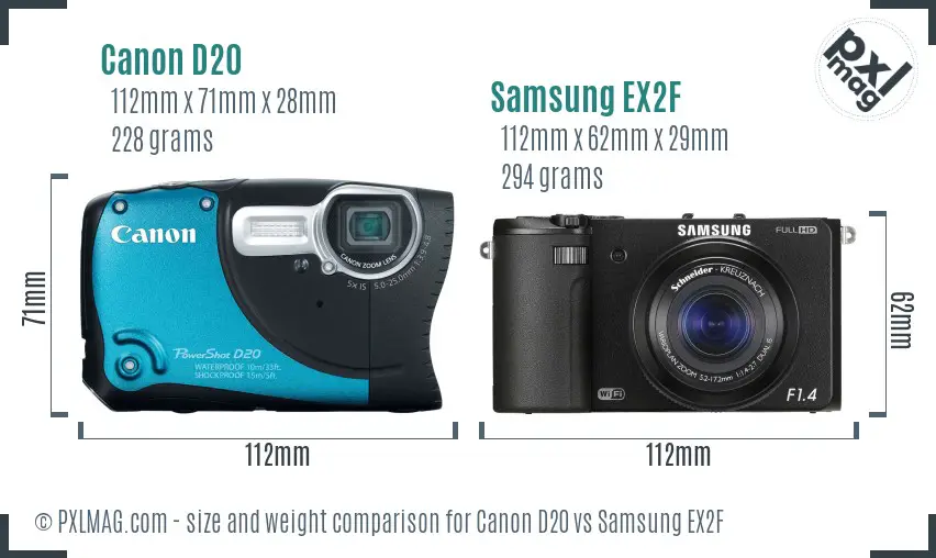 Canon D20 vs Samsung EX2F size comparison