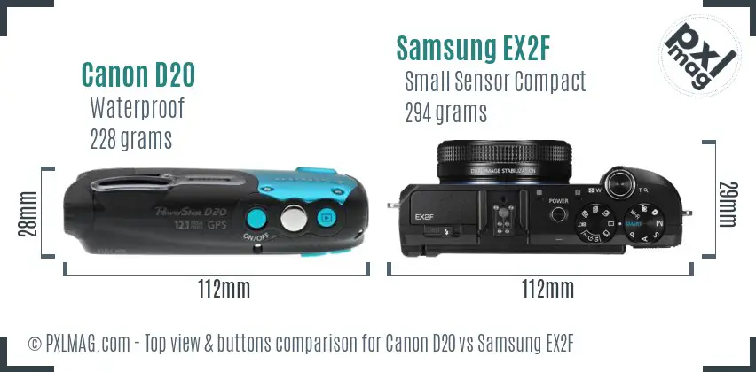 Canon D20 vs Samsung EX2F top view buttons comparison