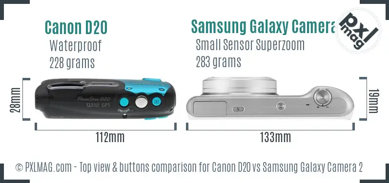 Canon D20 vs Samsung Galaxy Camera 2 top view buttons comparison Canon D20 vs Samsung Galaxy Camera 2 top view buttons comparison