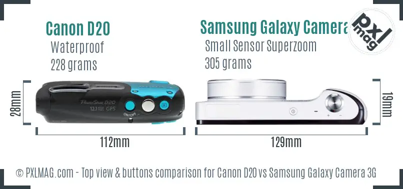 Canon D20 vs Samsung Galaxy Camera 3G top view buttons comparison Canon D20 vs Samsung Galaxy Camera 3G top view buttons comparison