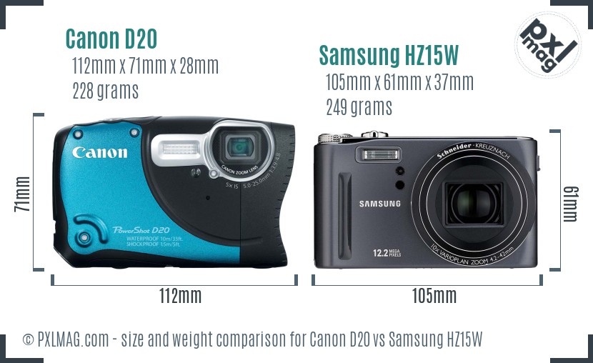 Canon D20 vs Samsung HZ15W size comparison Canon D20 vs Samsung HZ15W size comparison