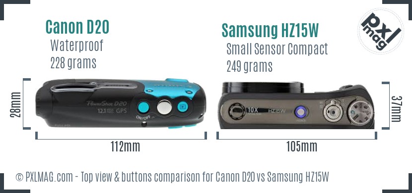 Canon D20 vs Samsung HZ15W top view buttons comparison