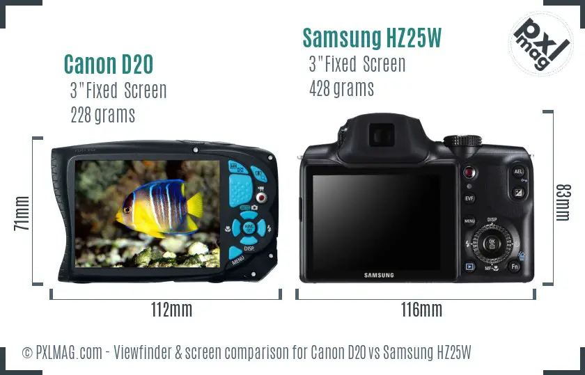 Canon D20 vs Samsung HZ25W Screen and Viewfinder comparison