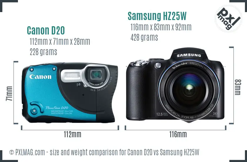 Canon D20 vs Samsung HZ25W size comparison