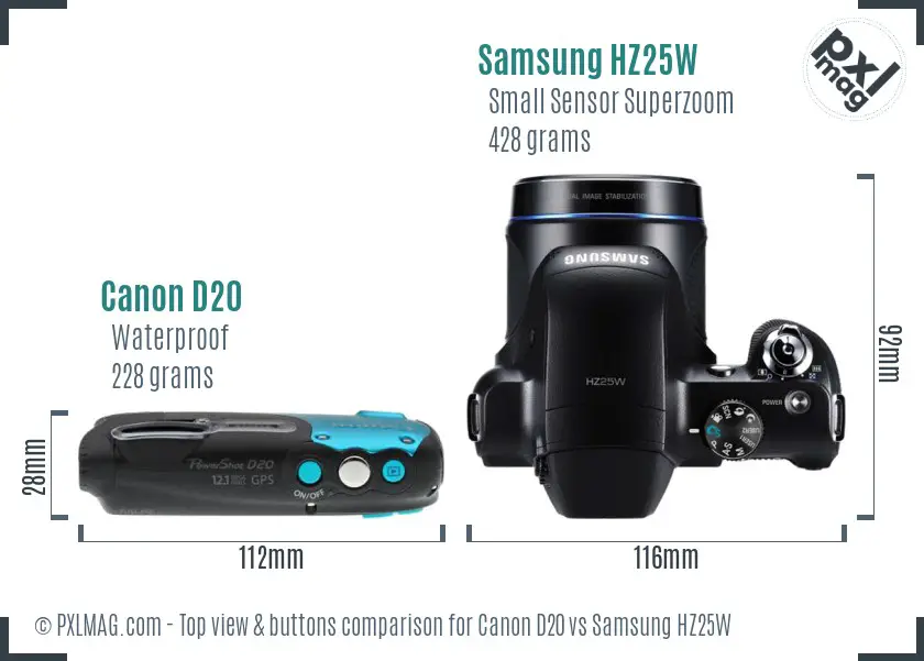 Canon D20 vs Samsung HZ25W top view buttons comparison