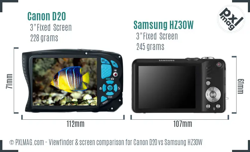 Canon D20 vs Samsung HZ30W Screen and Viewfinder comparison