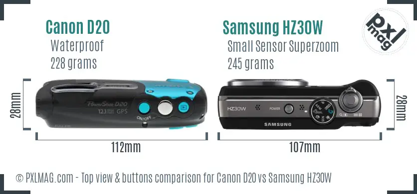 Canon D20 vs Samsung HZ30W top view buttons comparison