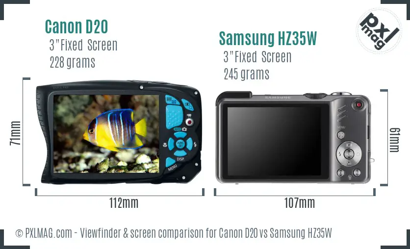Canon D20 vs Samsung HZ35W Screen and Viewfinder comparison