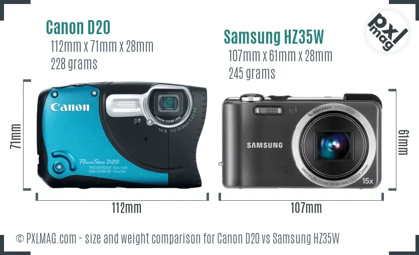 Canon D20 vs Samsung HZ35W size comparison