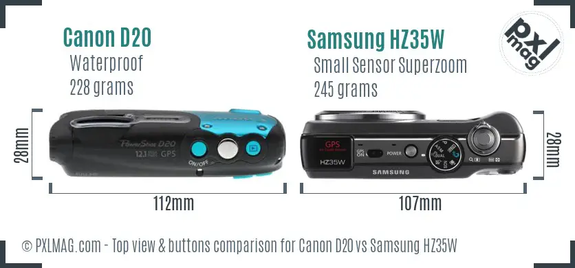 Canon D20 vs Samsung HZ35W top view buttons comparison