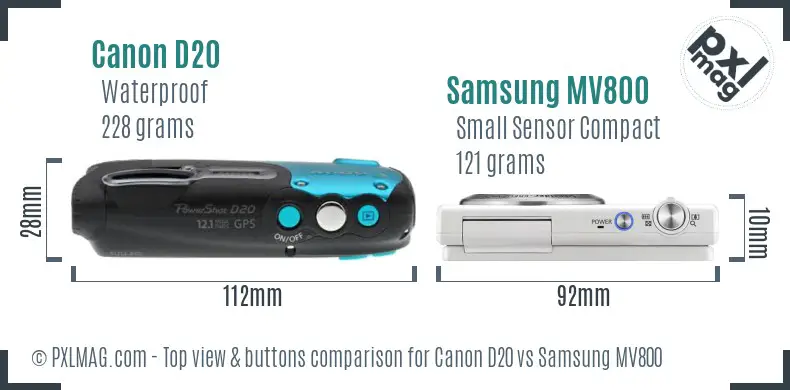 Canon D20 vs Samsung MV800 top view buttons comparison