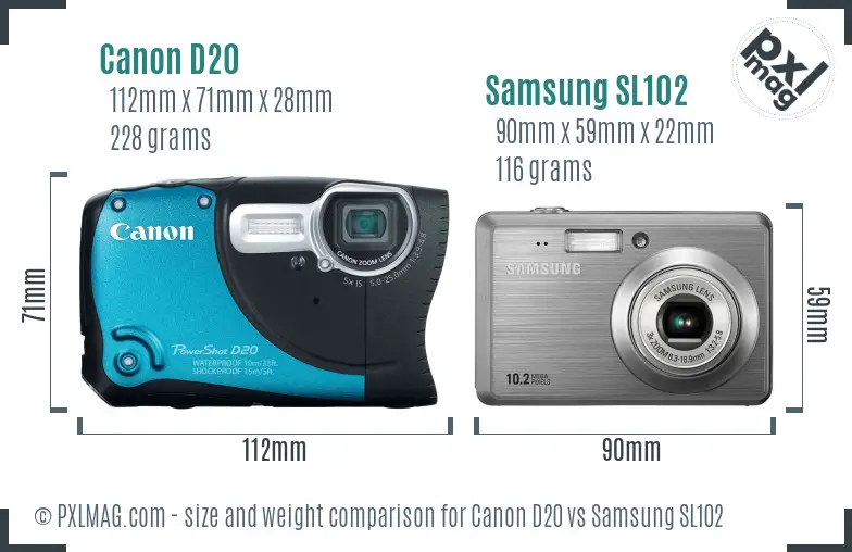 Canon D20 vs Samsung SL102 size comparison