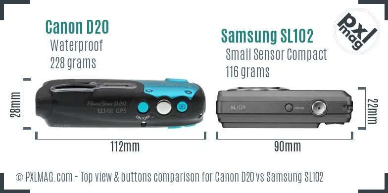 Canon D20 vs Samsung SL102 top view buttons comparison