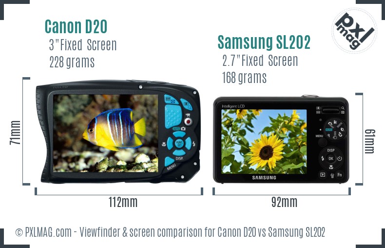 Canon D20 vs Samsung SL202 Screen and Viewfinder comparison