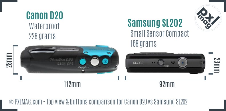 Canon D20 vs Samsung SL202 top view buttons comparison