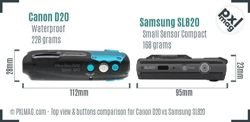 Canon D20 vs Samsung SL820 top view buttons comparison