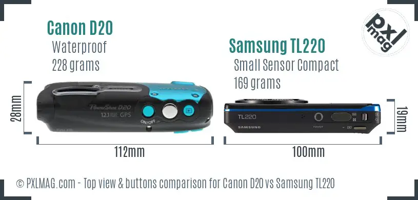 Canon D20 vs Samsung TL220 top view buttons comparison