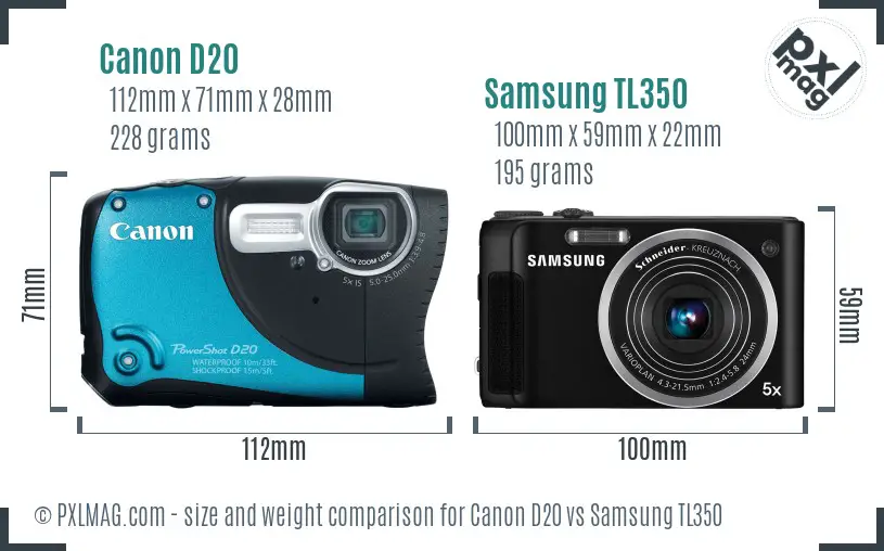 Canon D20 vs Samsung TL350 size comparison