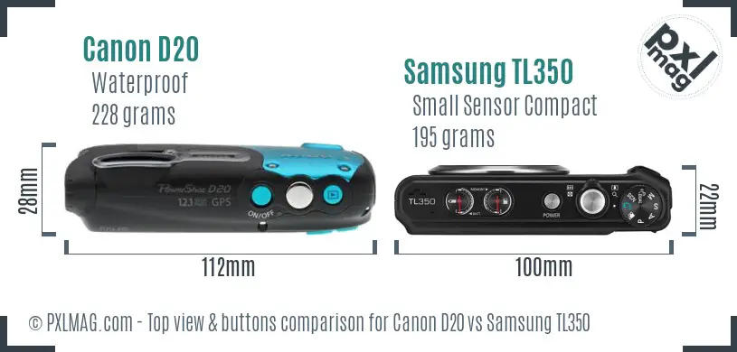 Canon D20 vs Samsung TL350 top view buttons comparison