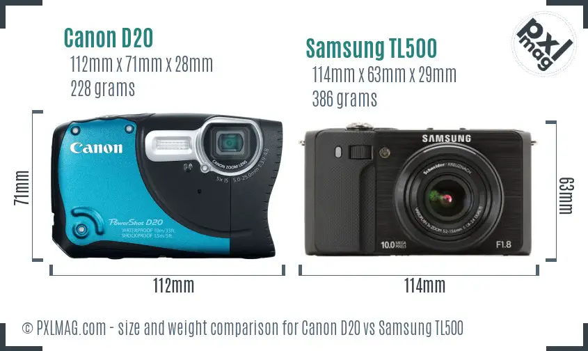 Canon D20 vs Samsung TL500 size comparison