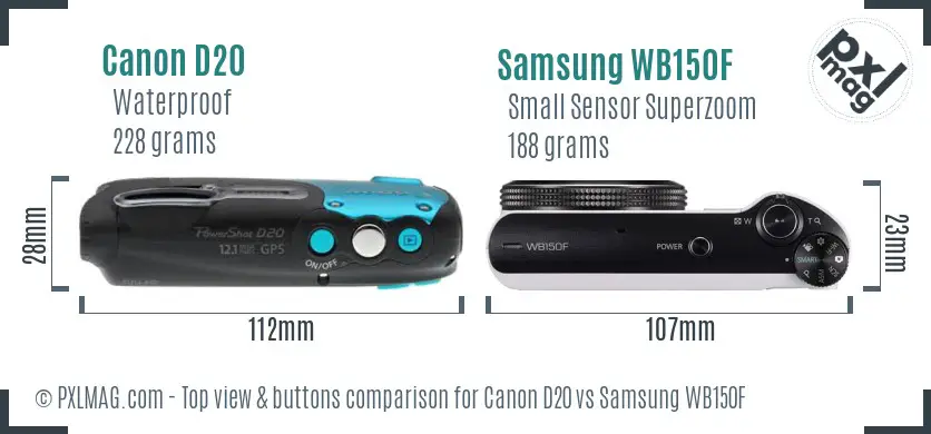 Canon D20 vs Samsung WB150F top view buttons comparison