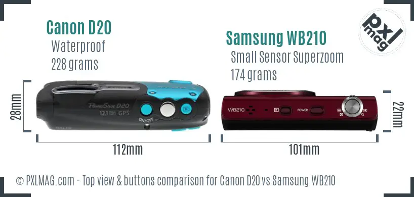 Canon D20 vs Samsung WB210 top view buttons comparison