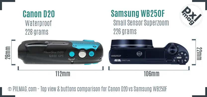 Canon D20 vs Samsung WB250F top view buttons comparison