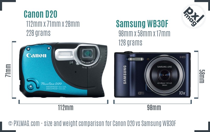 Canon D20 vs Samsung WB30F size comparison