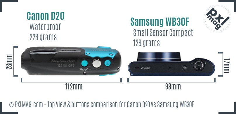 Canon D20 vs Samsung WB30F top view buttons comparison