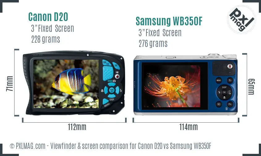 Canon D20 vs Samsung WB350F Screen and Viewfinder comparison
