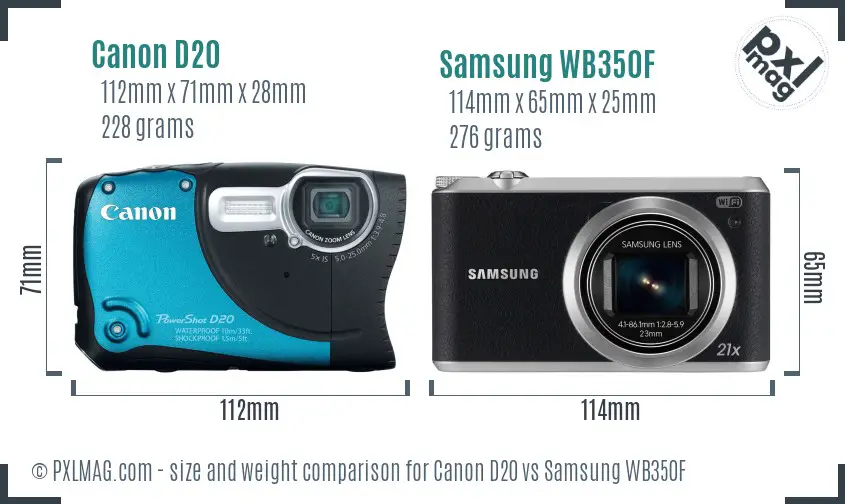 Canon D20 vs Samsung WB350F size comparison