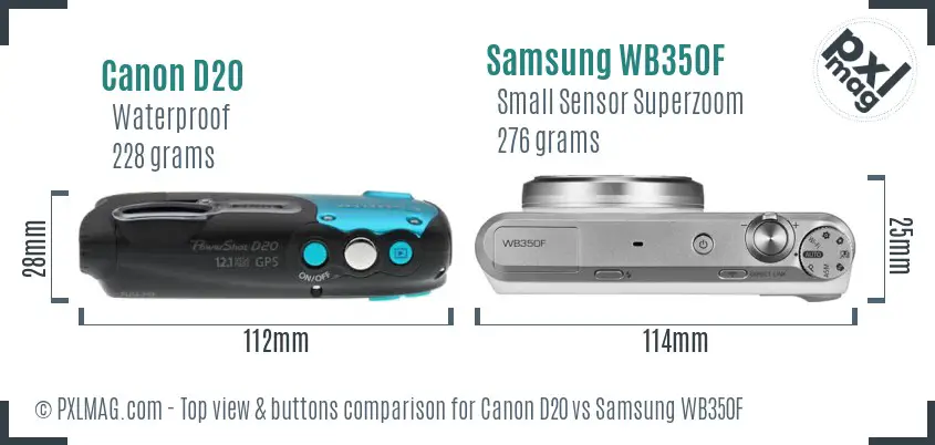 Canon D20 vs Samsung WB350F top view buttons comparison