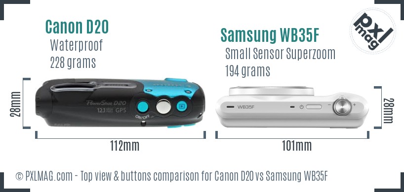 Canon D20 vs Samsung WB35F top view buttons comparison