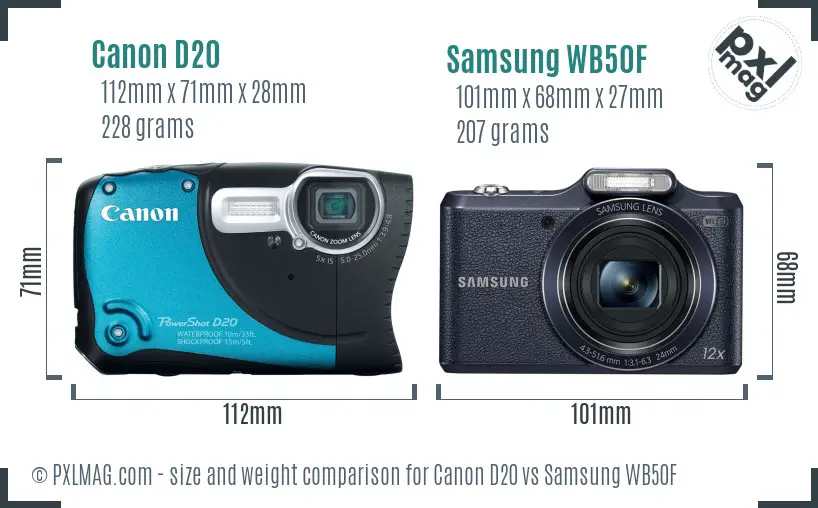 Canon D20 vs Samsung WB50F size comparison Canon D20 vs Samsung WB50F size comparison